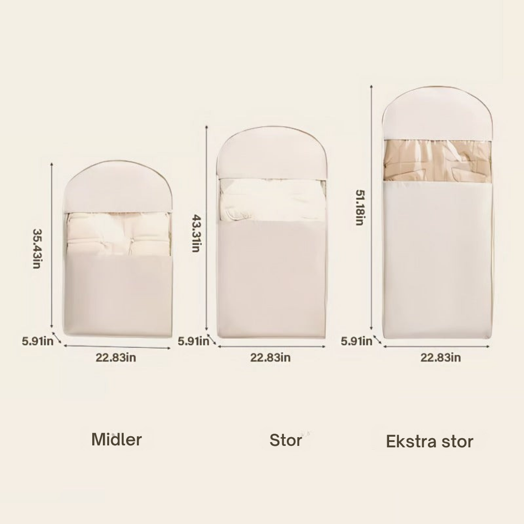 SpaceSaverBag™ | Pladsbesparende hængende tøjpose med selvkomprimerende lynlås