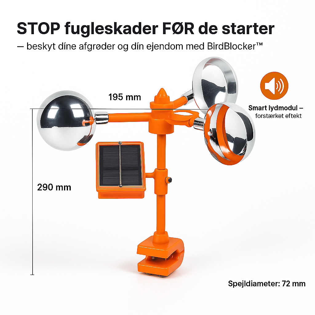 BirdBlocker™ – Effektiv fugleskræmmer drevet af vind, sol og lyd