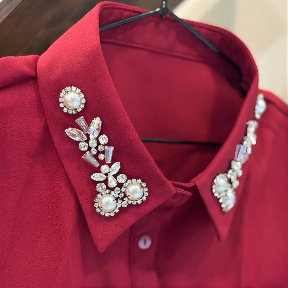 EleganCrest™ – Falsk Skjortekrave med Diamant- & Perledetaljer