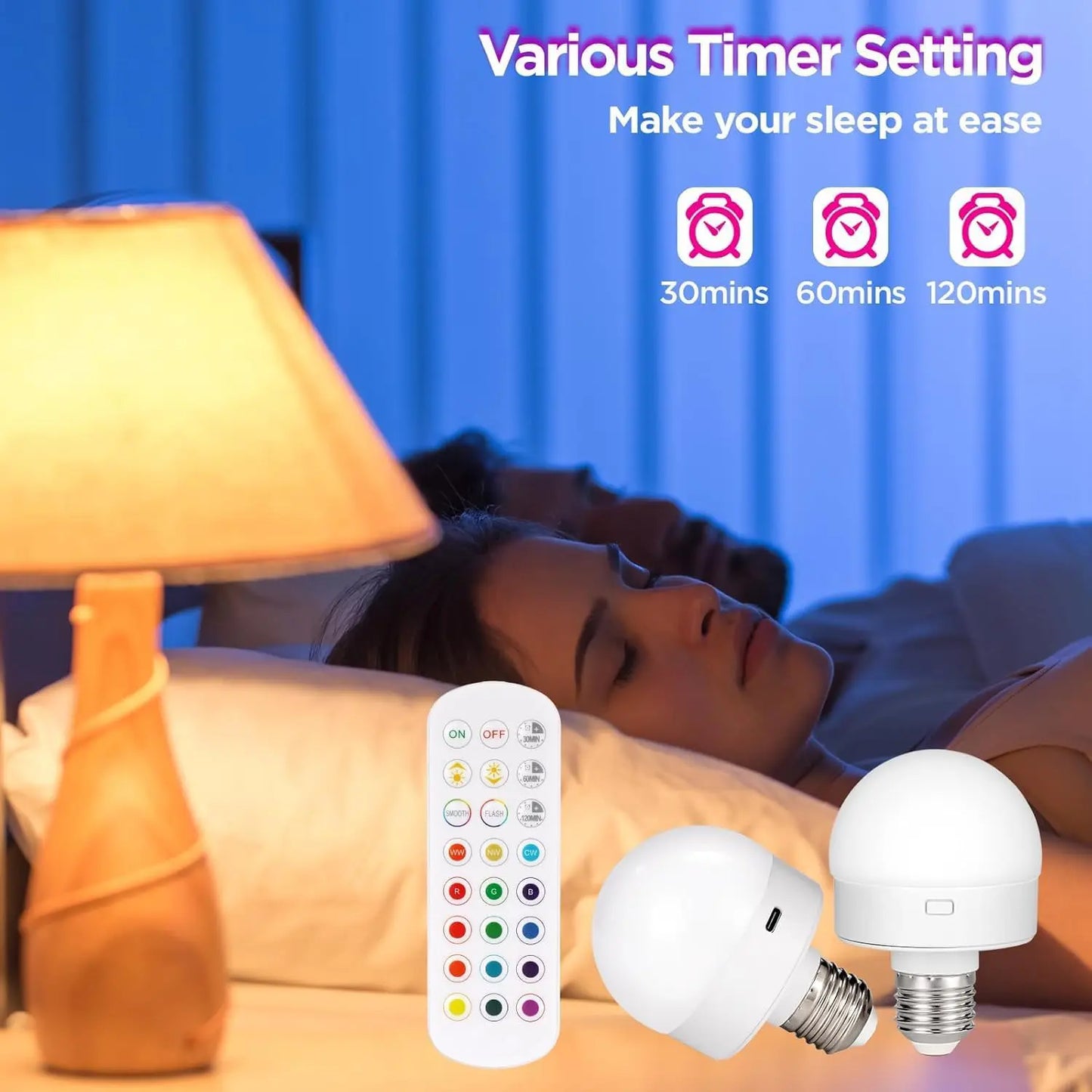 Genopladelig trådløs LED-lampe med fjernbetjening – 15 farver & dæmper (E12 og E26/E27)