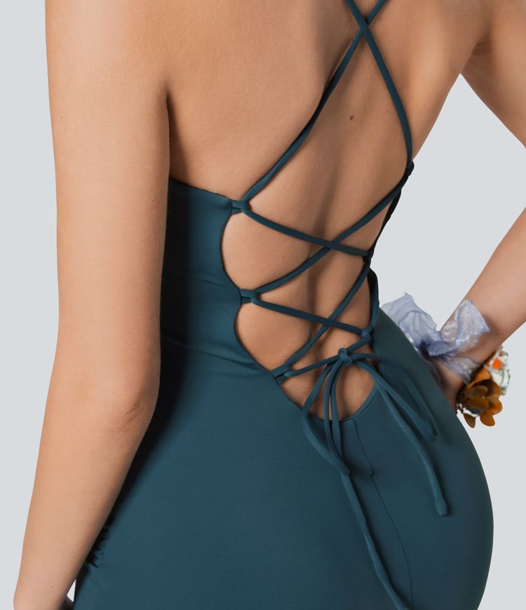 Softlyzero™ Airy Crossover Ruched Backless Lace Up Split Bodycon Cool Touch Bridesmaid and Wedding Guest Dress-UPF50+