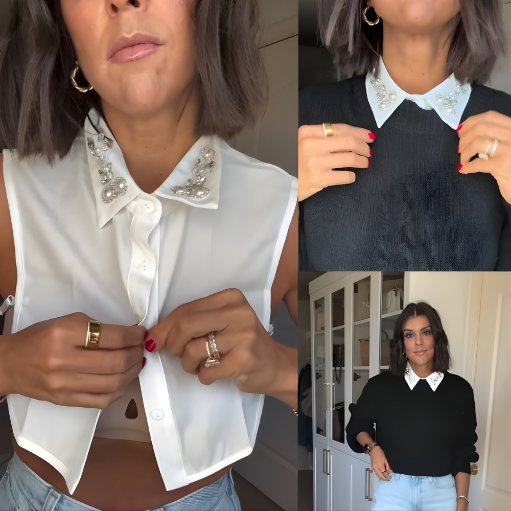 EleganCrest™ – Falsk Skjortekrave med Diamant- & Perledetaljer