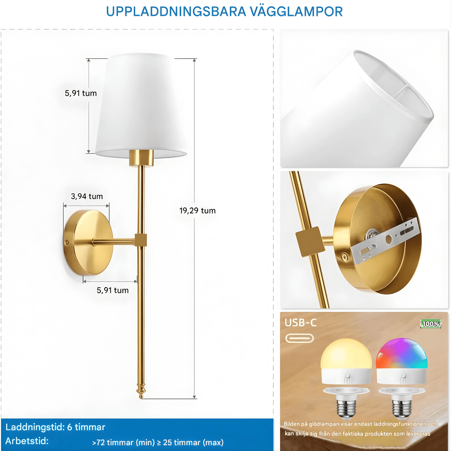 AMARA – Trådløs væglampe med genopladeligt batteri, dæmpbart RGB-lys og fjernbetjening