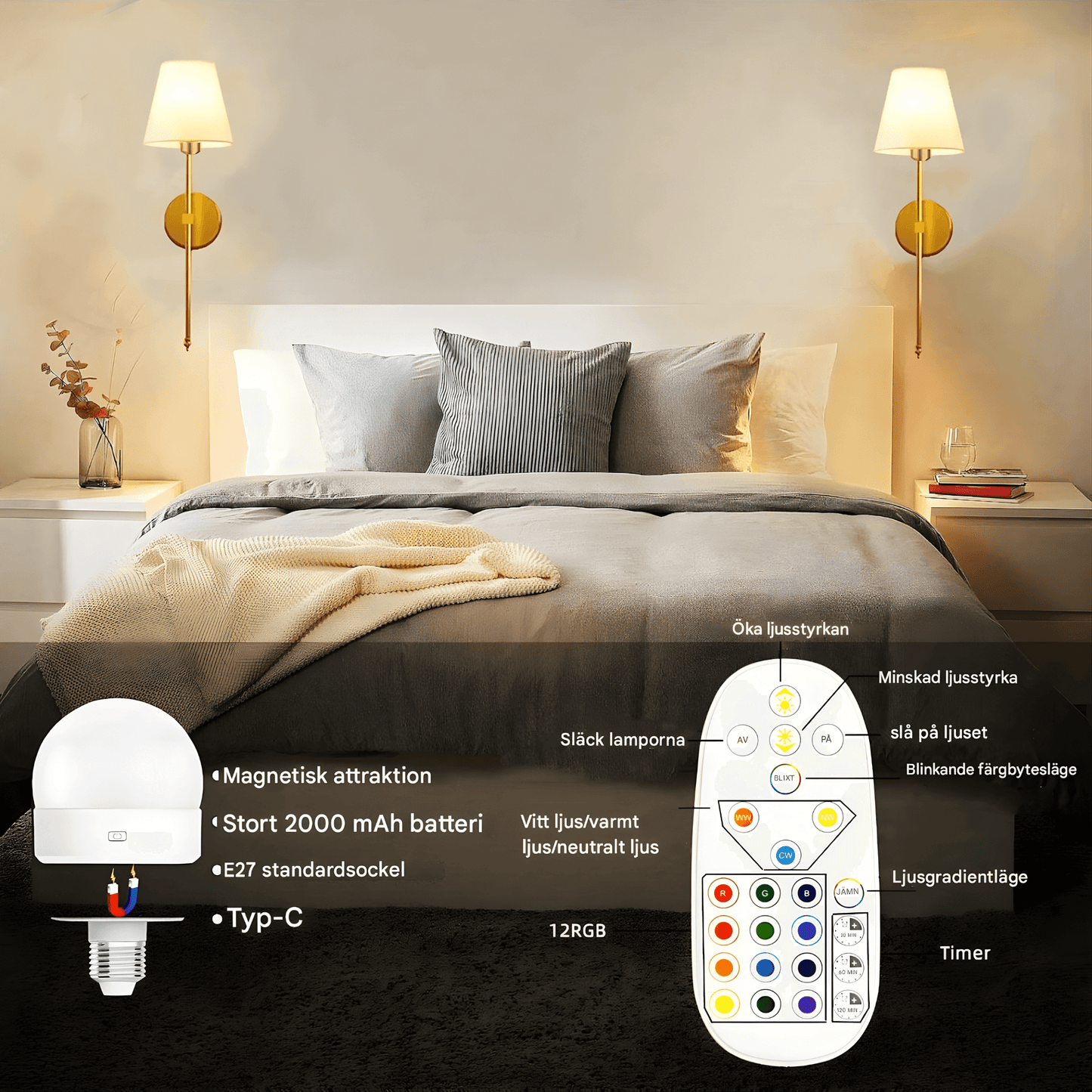 AMARA – Trådløs væglampe med genopladeligt batteri, dæmpbart RGB-lys og fjernbetjening