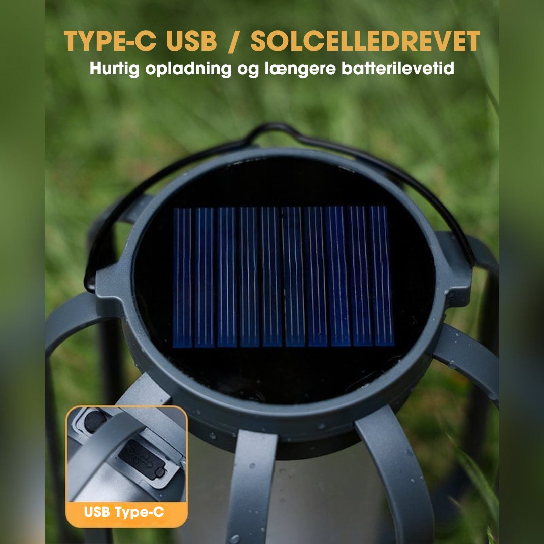 CampFlameGlow™ - Lampe med realistisk flammeeffekt – Opladelig via USB & solenergi