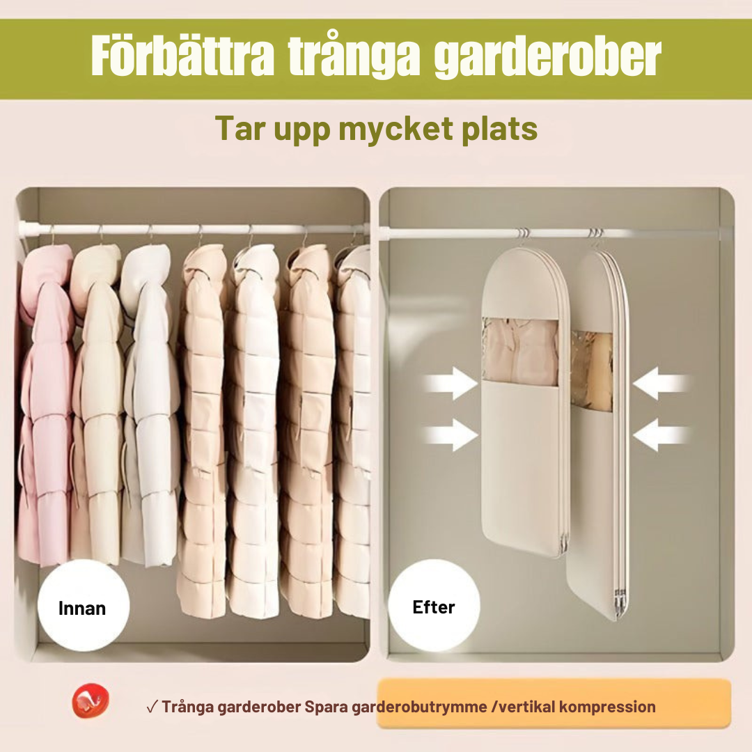 SpaceSaverBag™ | Pladsbesparende hængende tøjpose med selvkomprimerende lynlås