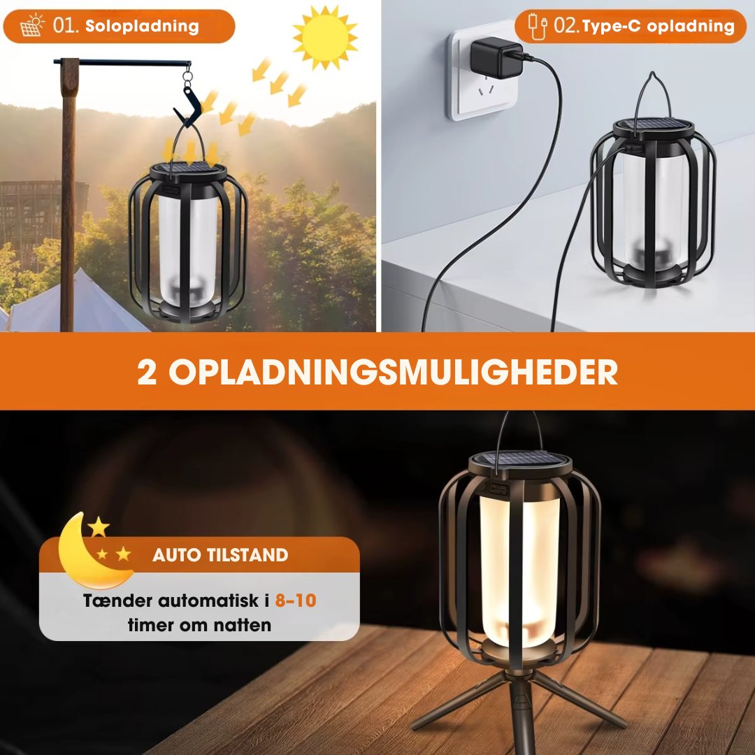 CampFlameGlow™ - Lampe med realistisk flammeeffekt – Opladelig via USB & solenergi
