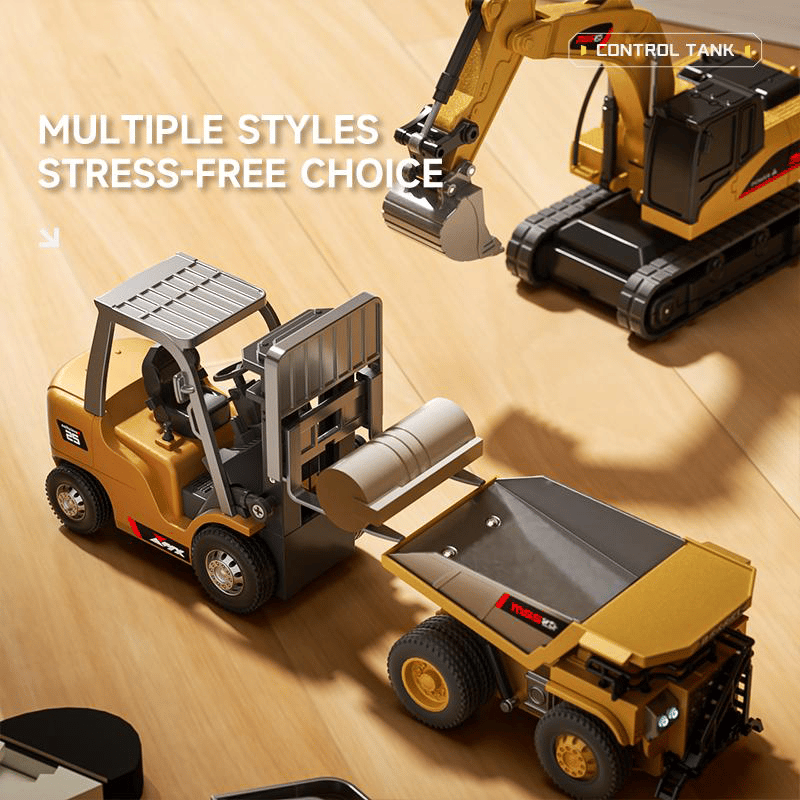 ByggeBevægelse™ 1:64 Premium Mini RC Byggesæt i Metal – Gaffeltruck, Gravemaskine & Tippelastbil