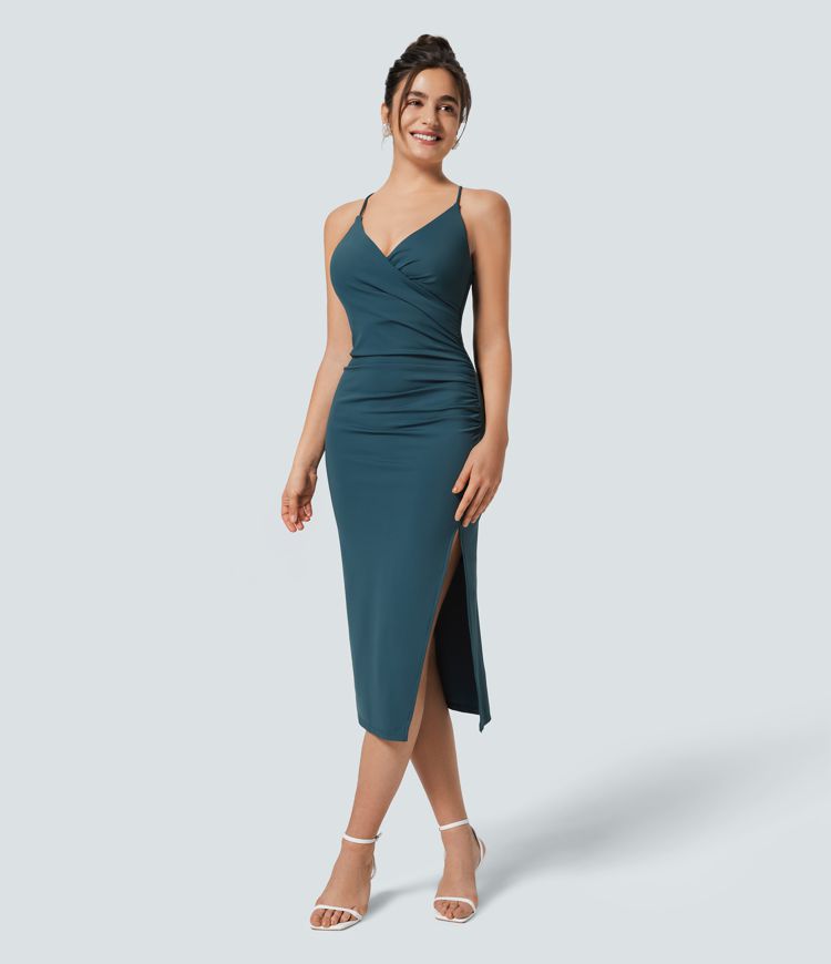 Softlyzero™ Airy Crossover Ruched Backless Lace Up Split Bodycon Cool Touch Bridesmaid and Wedding Guest Dress-UPF50+