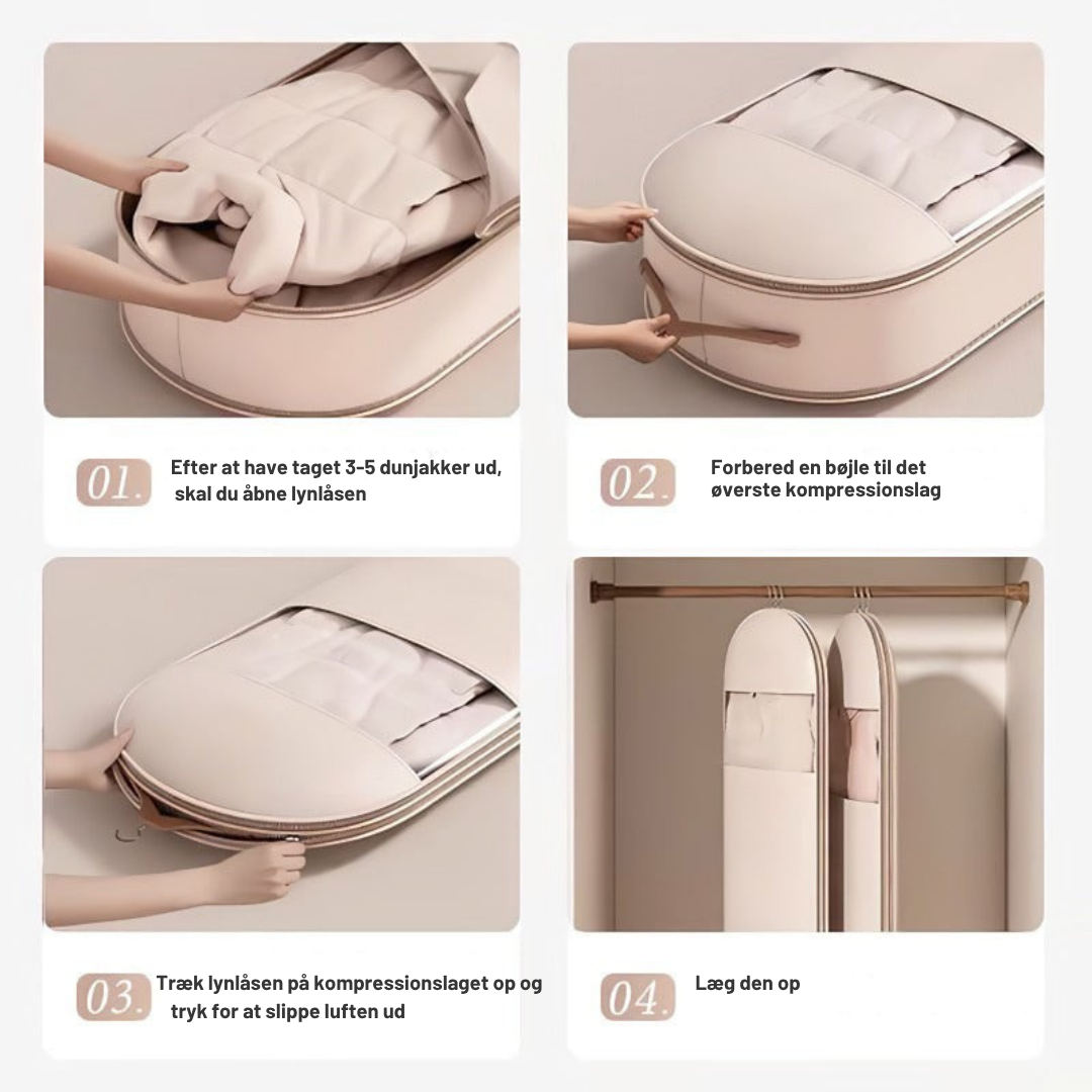 SpaceSaverBag™ | Pladsbesparende hængende tøjpose med selvkomprimerende lynlås