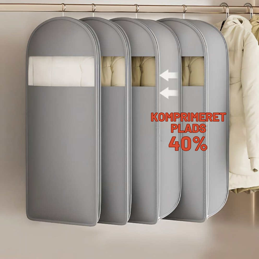 SpaceSaverBag™ | Pladsbesparende hængende tøjpose med selvkomprimerende lynlås