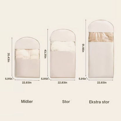 SpaceSaverBag™ | Pladsbesparende hængende tøjpose med selvkomprimerende lynlås