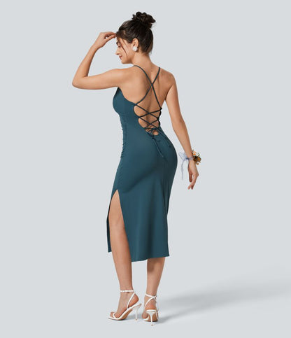 Softlyzero™ Airy Crossover Ruched Backless Lace Up Split Bodycon Cool Touch Bridesmaid and Wedding Guest Dress-UPF50+