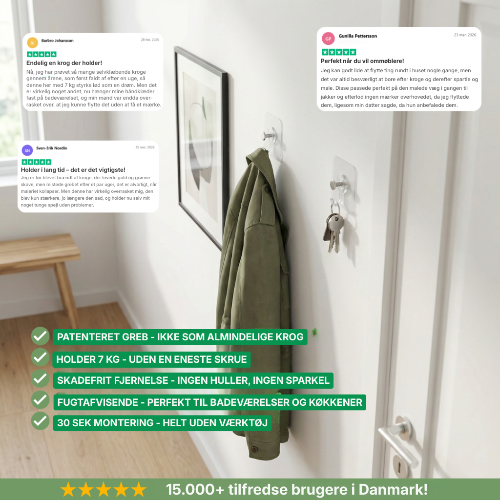 Hookova™ – Vægkroge med patenteret greb – ingen huller, ingen mærker