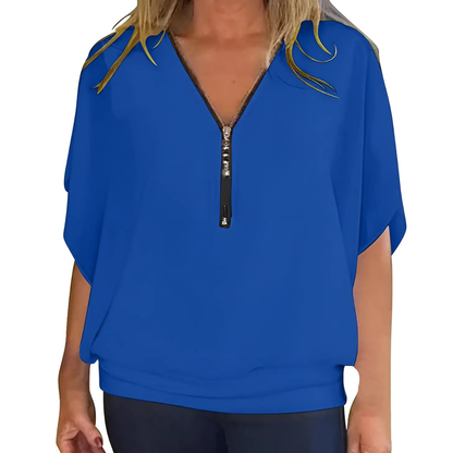Icone™ LooseBlouse: Komfortabel V-Hals Med Lynlås Løs Bluse Til Kvinder