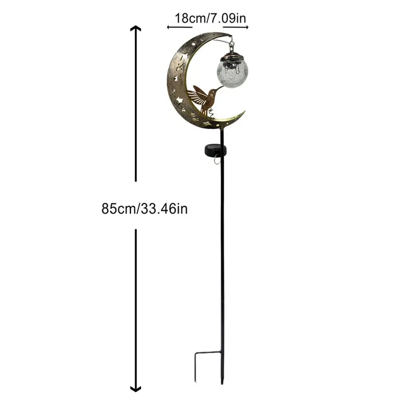 Lumicharm™ | Solcelledrevet havestander – kolibri måne crackle glas