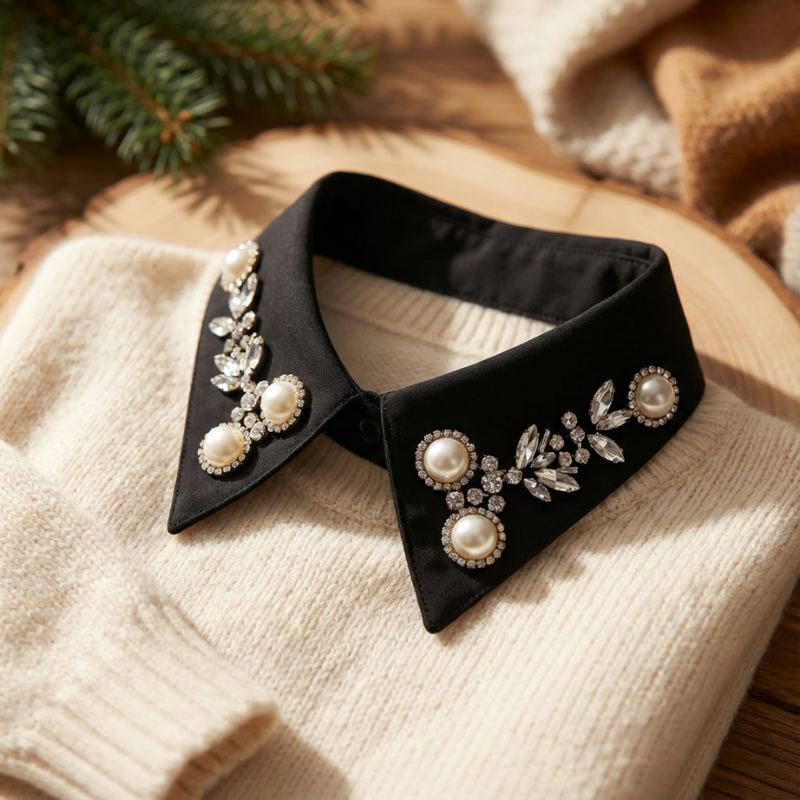 EleganCrest™ – Falsk Skjortekrave med Diamant- & Perledetaljer