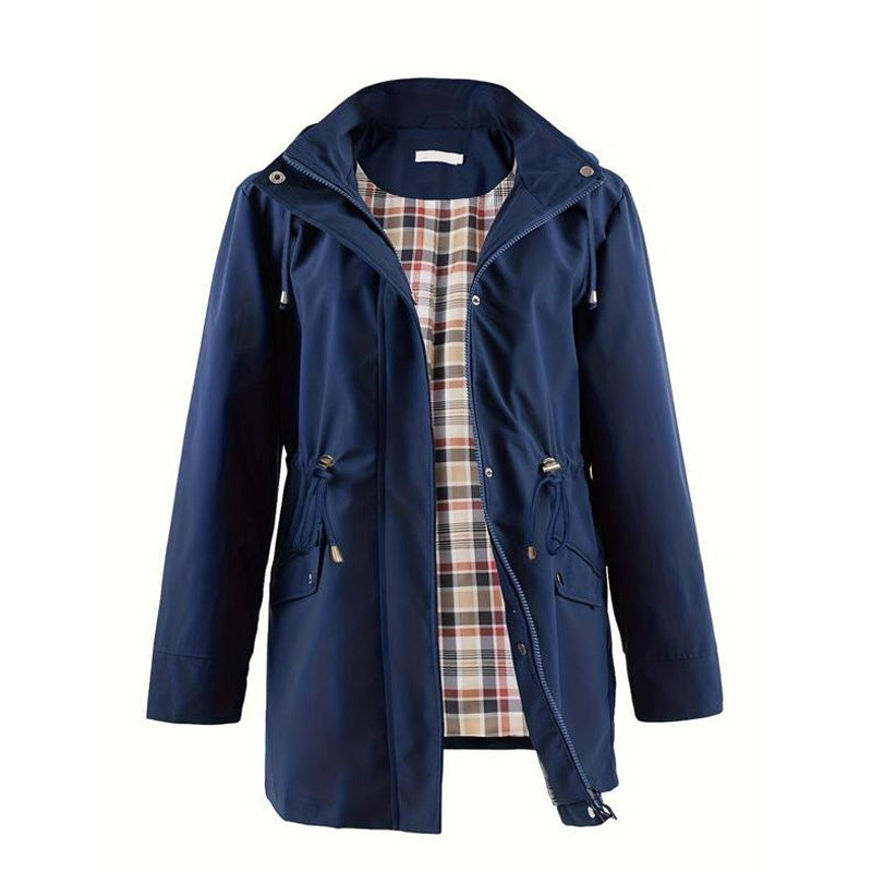 Mellemlang vindjakke med hætte, snøre og lynlås