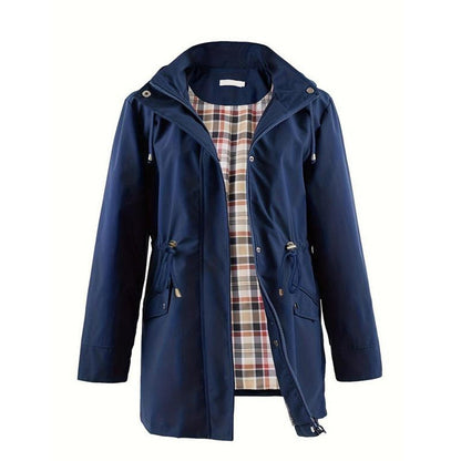 Mellemlang vindjakke med hætte, snøre og lynlås