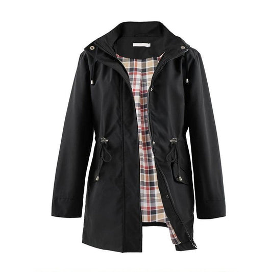 Mellemlang vindjakke med hætte, snøre og lynlås