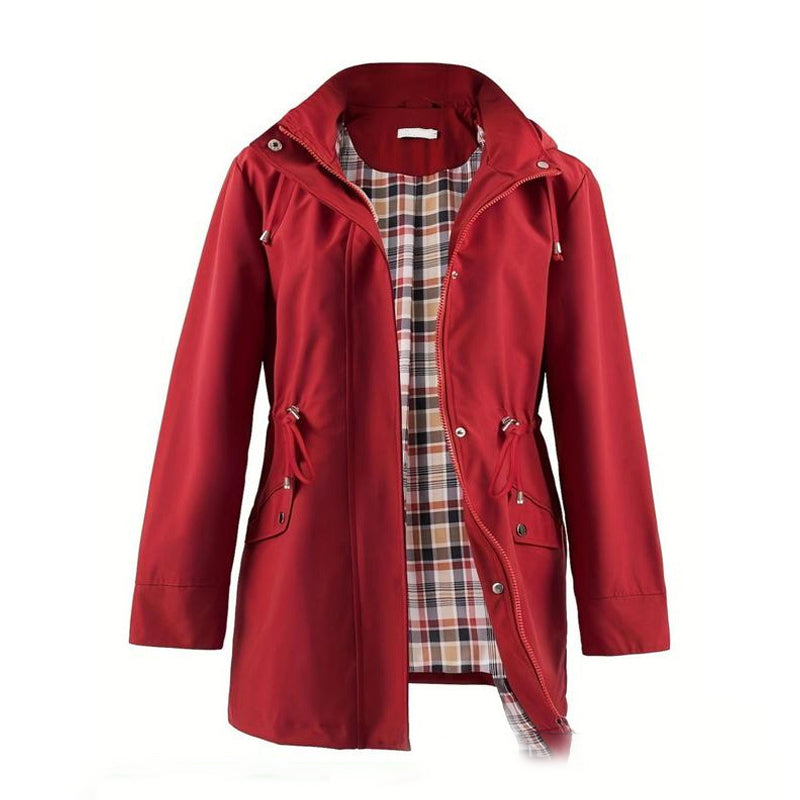 Mellemlang vindjakke med hætte, snøre og lynlås