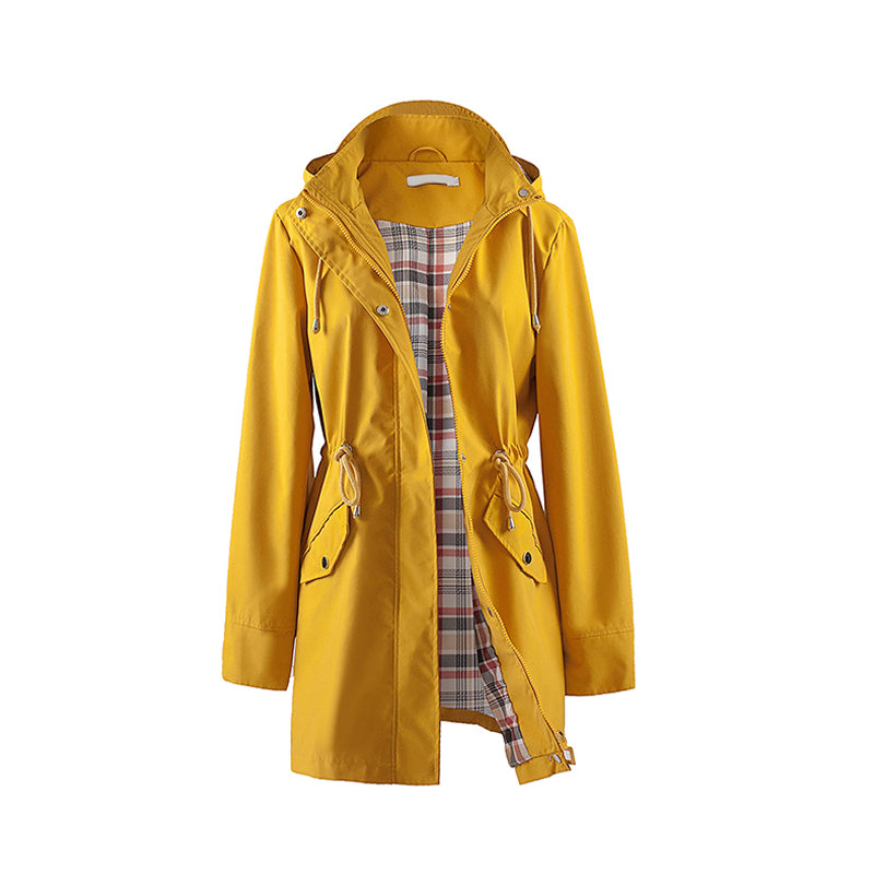 Mellemlang vindjakke med hætte, snøre og lynlås