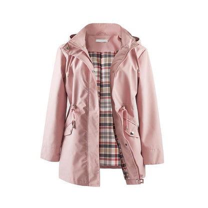 Mellemlang vindjakke med hætte, snøre og lynlås